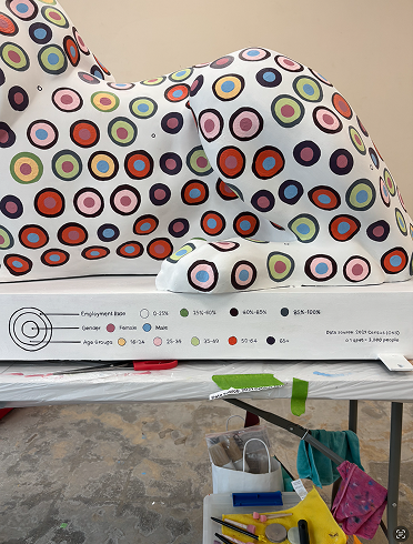 Physical sculpture covered in nested colourful circles, installed as part of the Portsmouth art trail