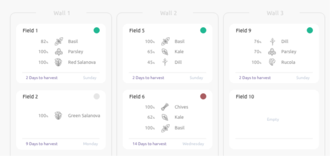 VerticalField monitoring dashboard showing growing walls and field status cards